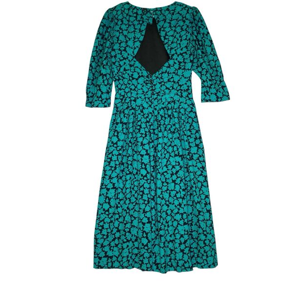 Vintage Lanz Midi Fit & Flare Dress 12 Green Floral Open Back Retro Coquette - Picture 3 of 14